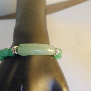 Handcrafted Green  Jade  Stretch Bracelet with Silver Bead  Accent